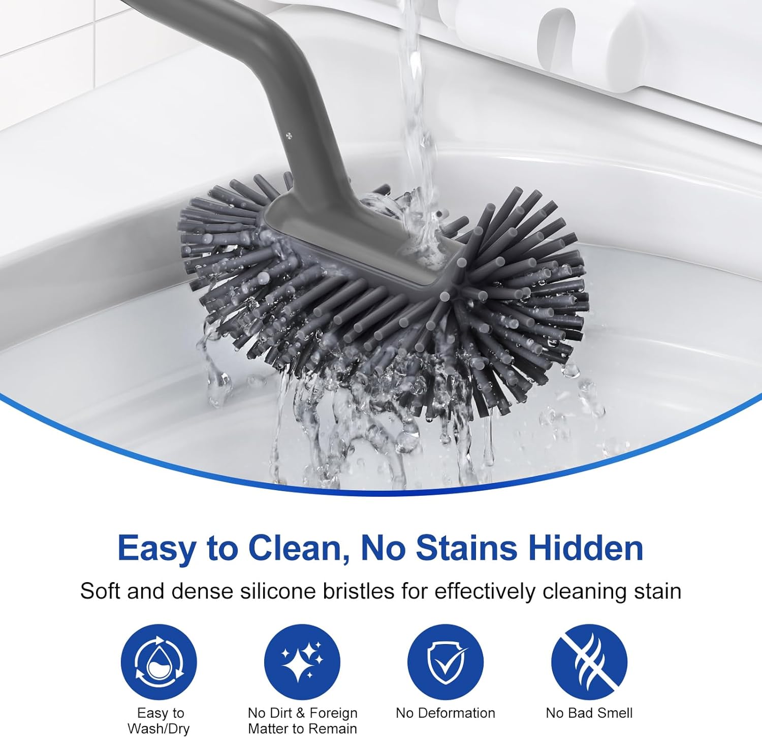 HAMITOR Toilet Brush Holder Set with Curved Bristles and Silicone Head