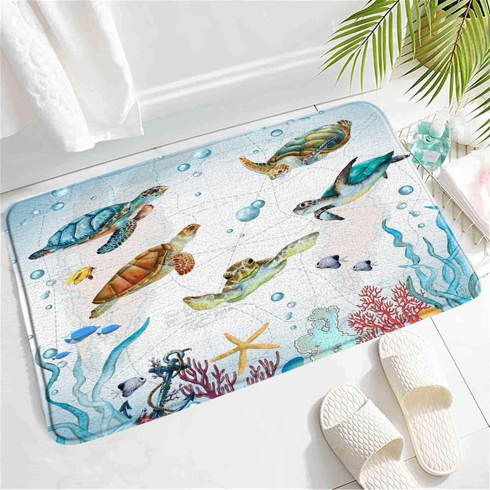 Sea Turtle Bath Mat - Blue Ocean Tropical Fish Rugs