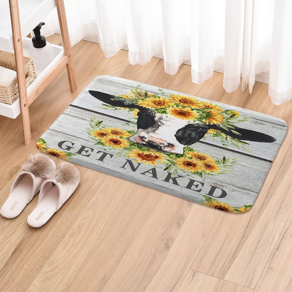 JAWO Farmhouse Wooden Cow Bath Rug Set - Rustic Sunflower Design