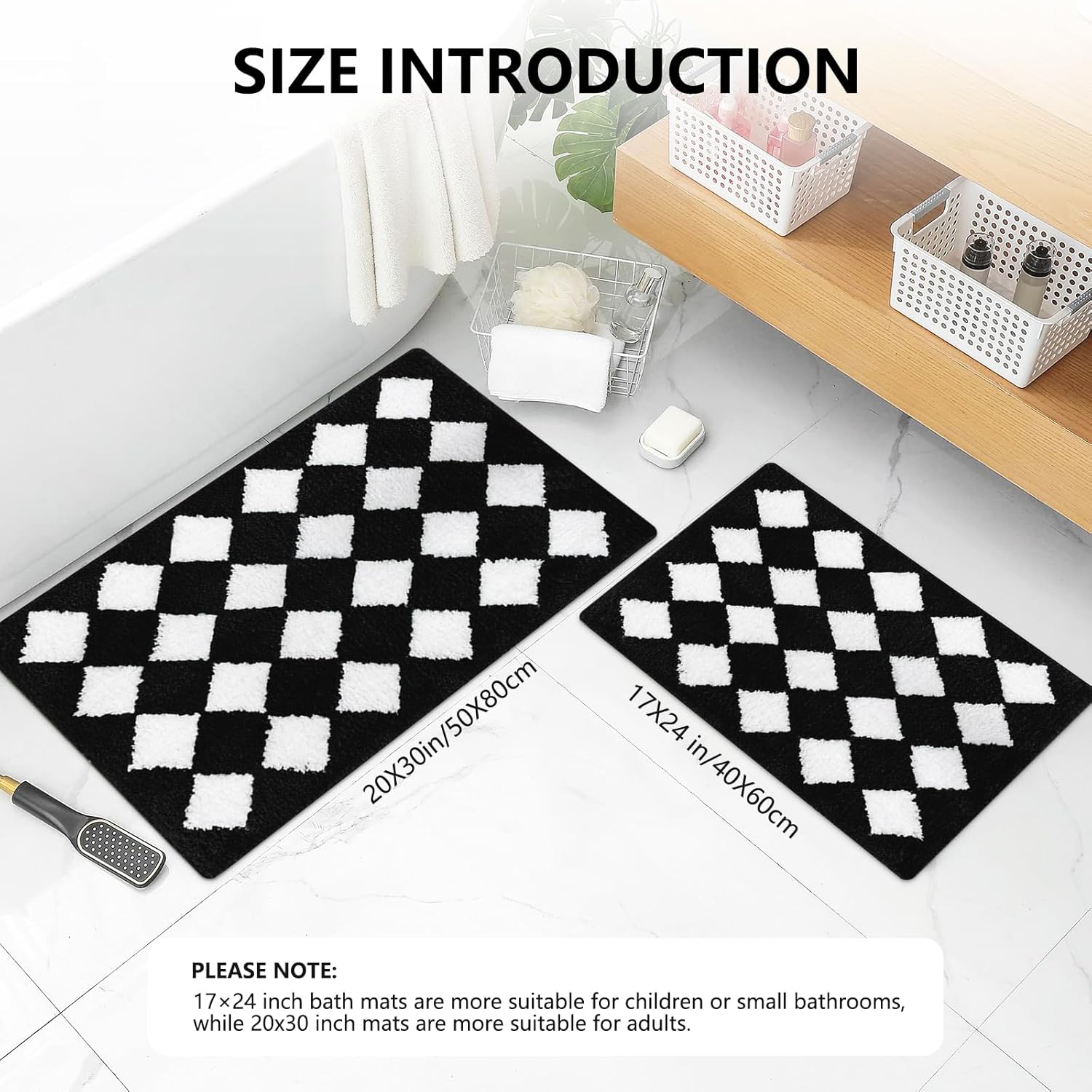 Soft Checkered Bath Mat 20x30in Non-Slip Water Absorbing