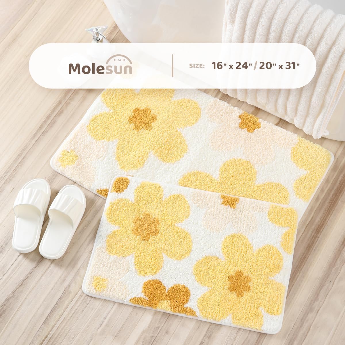 Molesun Floral Bath Mat - Non-Slip Microfiber 16x24 Yellow