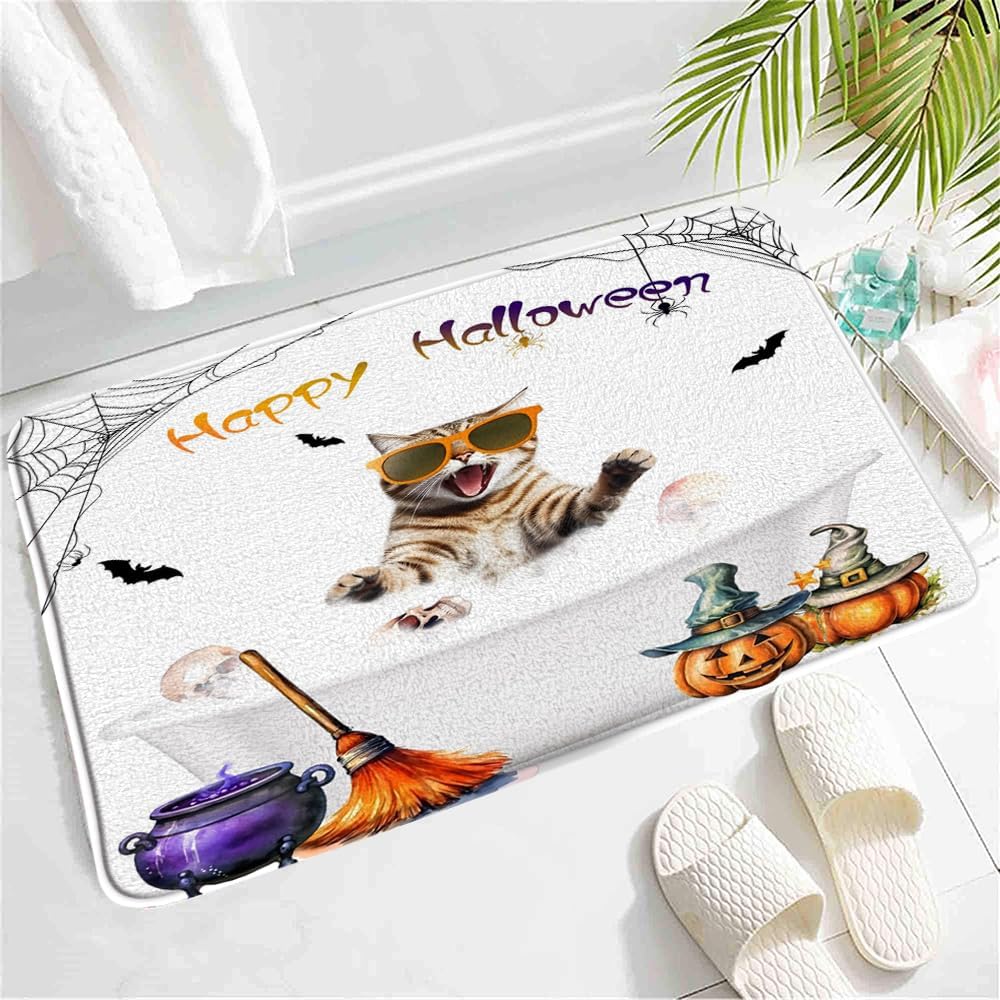 SATRTUD Halloween Cat Bath Mat - Non-Slip 24x16 Inch