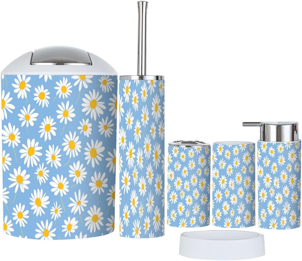 TRANQDEHOM 6-Piece Bathroom Accessory Set with Boho Daisy Flower Design