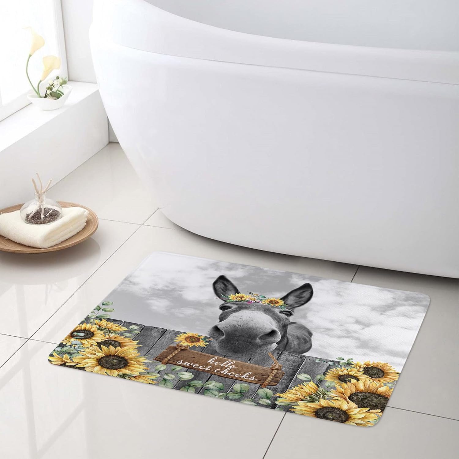 HVEST Farmhouse Donkey Bath Rug Rustic Yellow Floral