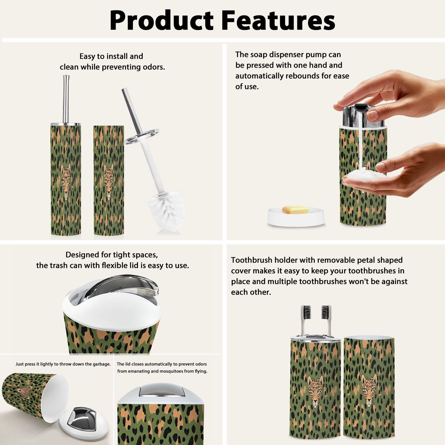 Boho Leopard Print Bathroom Accessory Set 6 Piece