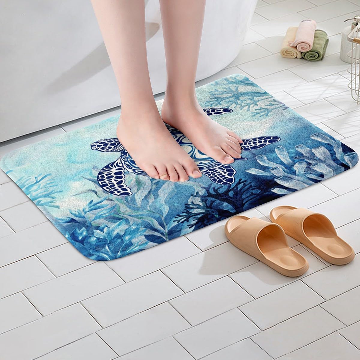 Feelyou Sea Turtle Bath Rug 16x24 Inch Teal Blue
