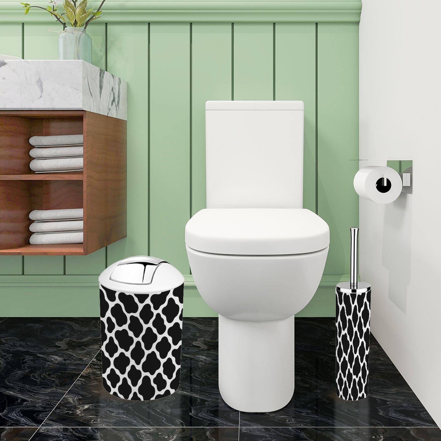 Boho Cow Bathroom Accessory Set 6 Piece Black
