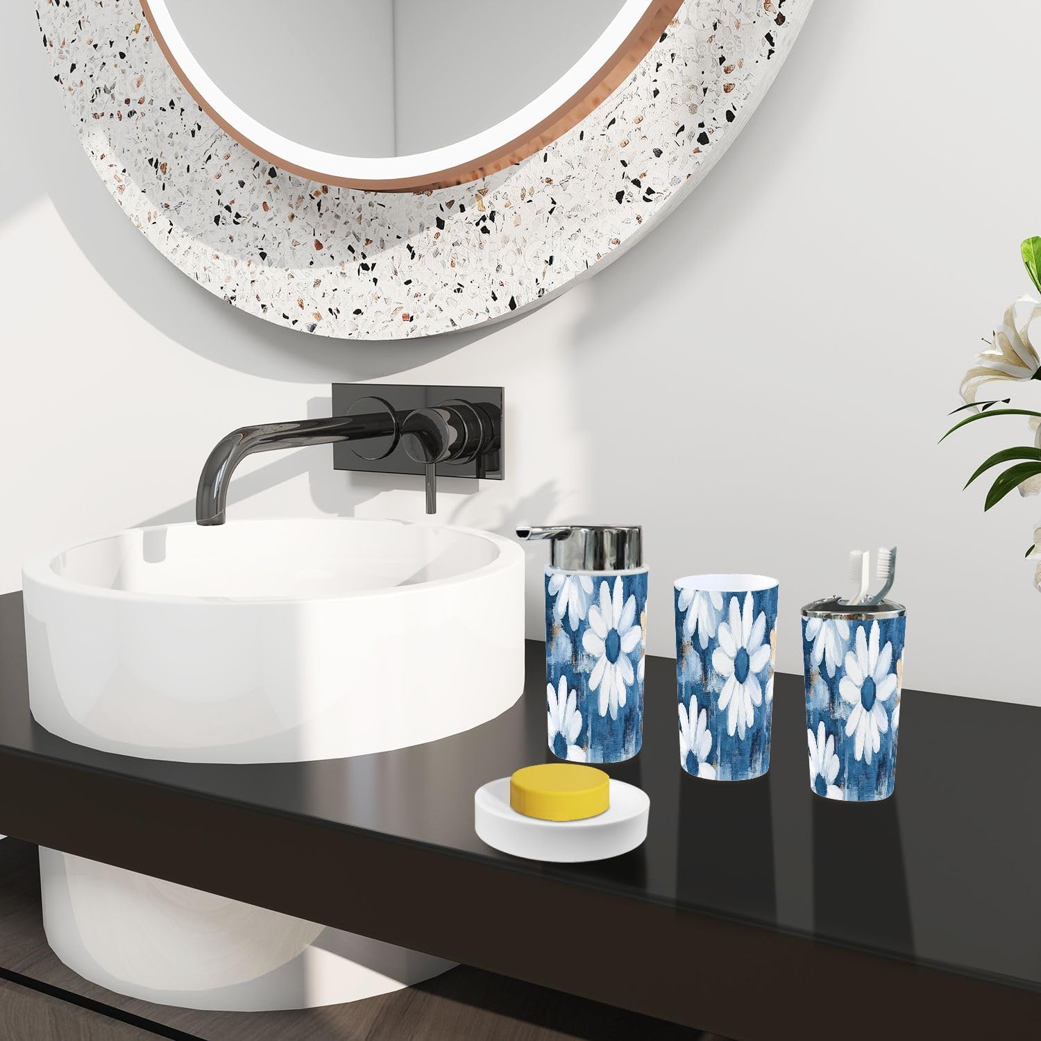 TRANQDEHOM 6 Piece Boho Daisy Flowers Bathroom Accessory Set