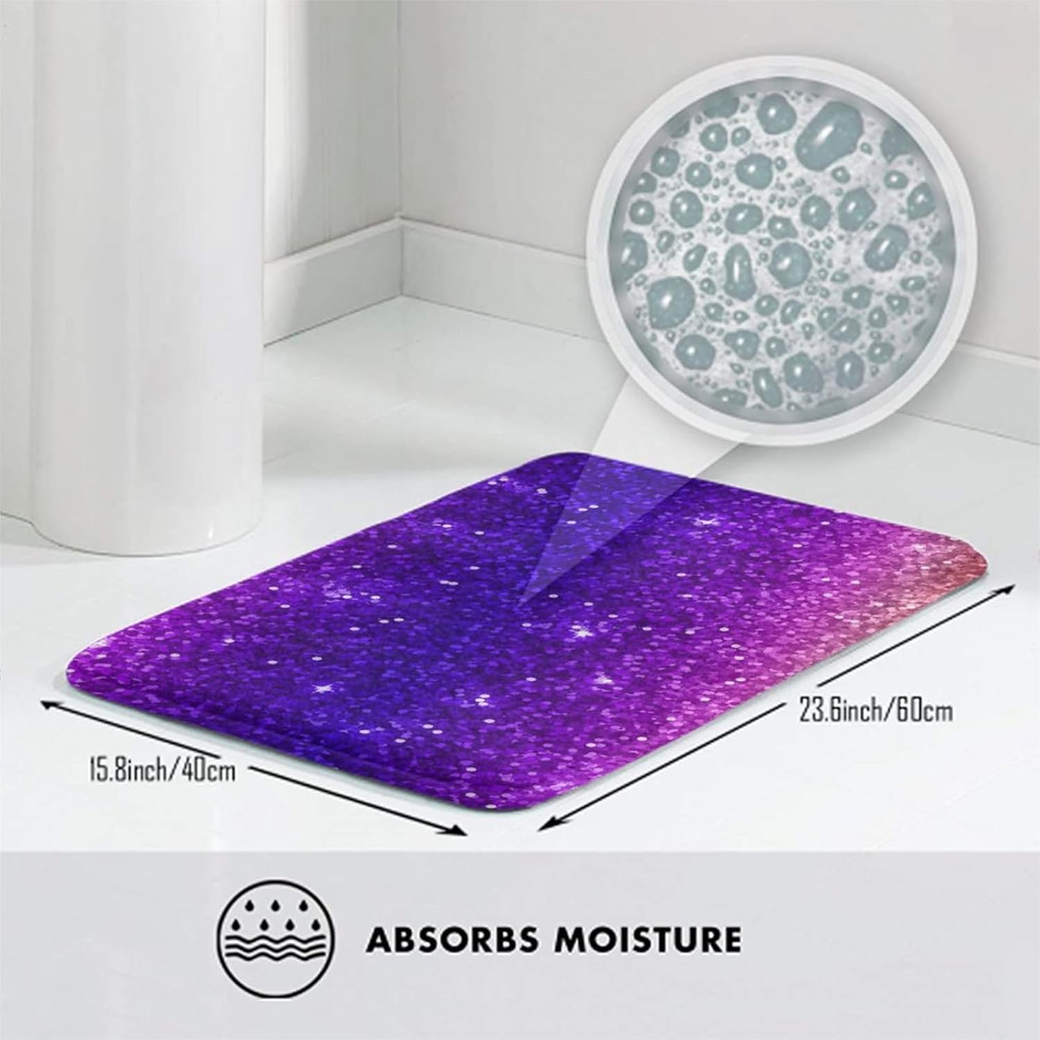 MZERSE Absorbent Memory Foam Bath Rug with Purple Glitter Pattern