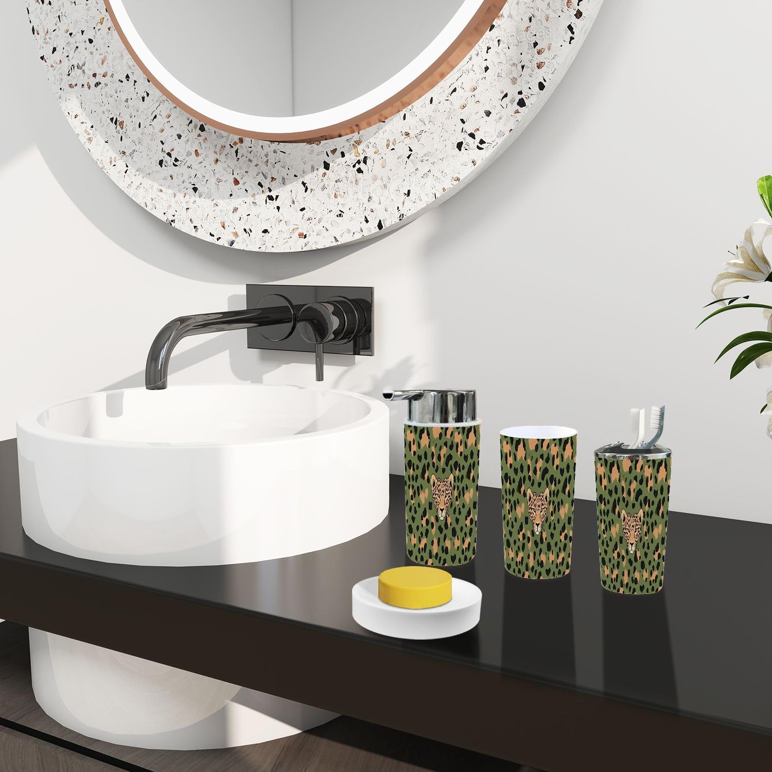 Boho Leopard Print Bathroom Accessory Set 6 Piece