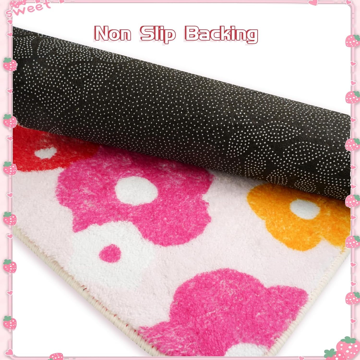 Cute Strawberry Flower Bath Mat Non-Slip Pink Bathroom Rug