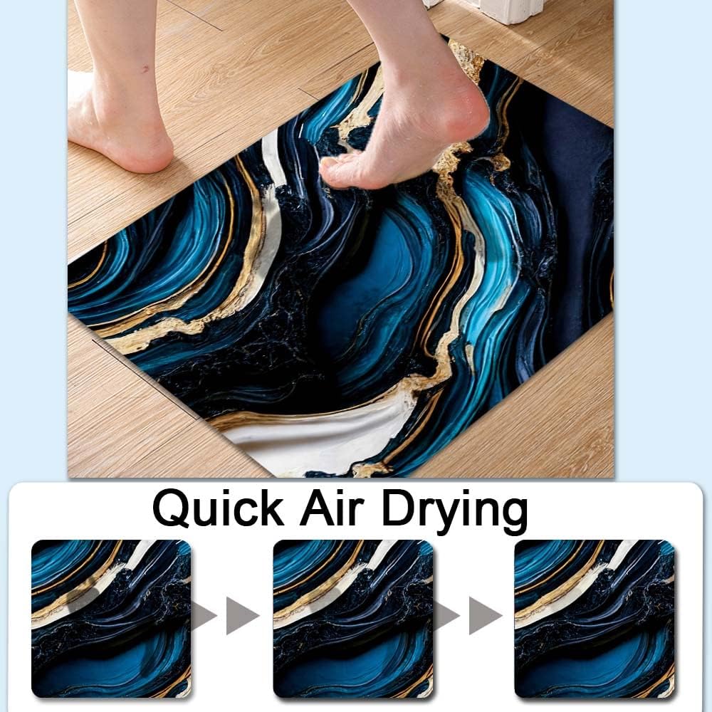 Blue Gold Liquid Marble Bath Mat Rug 16x24 Rectangle