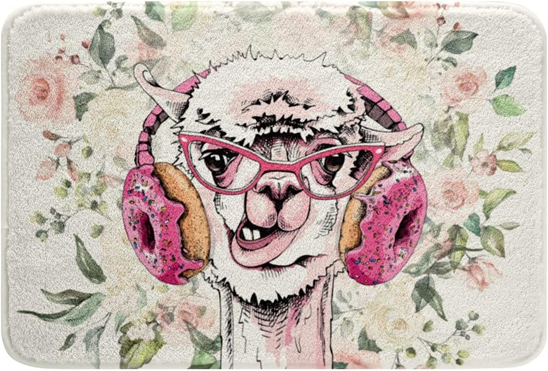 Cute Goat Bath Mat with Pink Flowers Non-Slip Water Absorbent