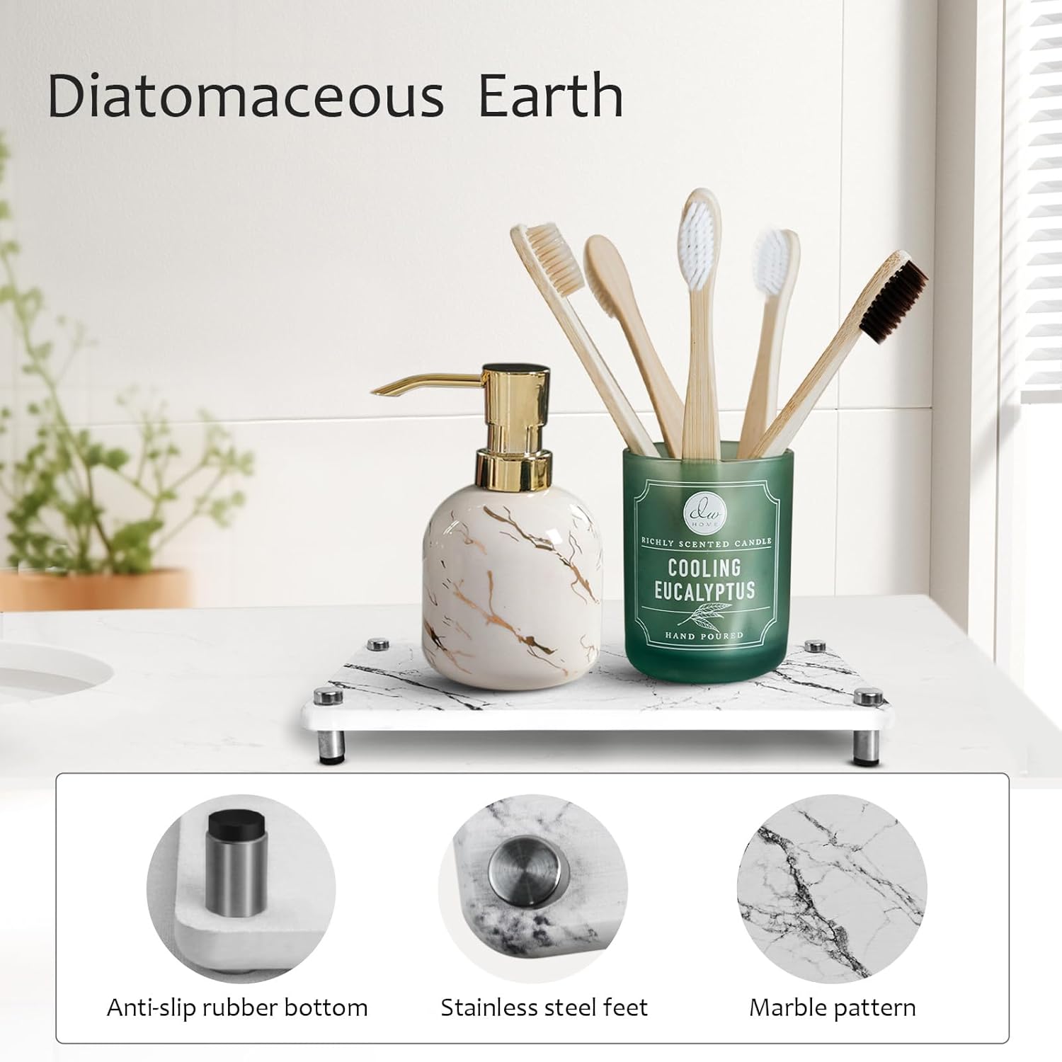 Stone Sink Caddy with Marble Pattern Diatomaceous Earth Tray for Kitchen Bathroom