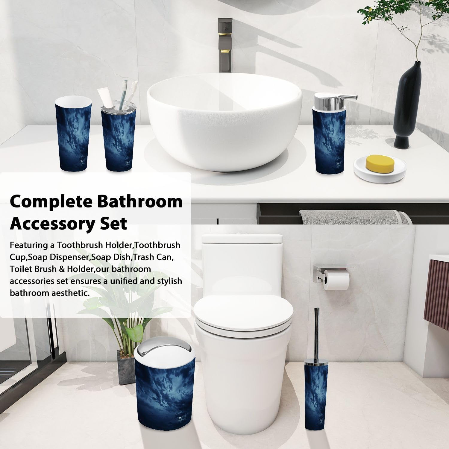 Boho Bathroom Accessory Set 6 Piece Black Blue Night Sky