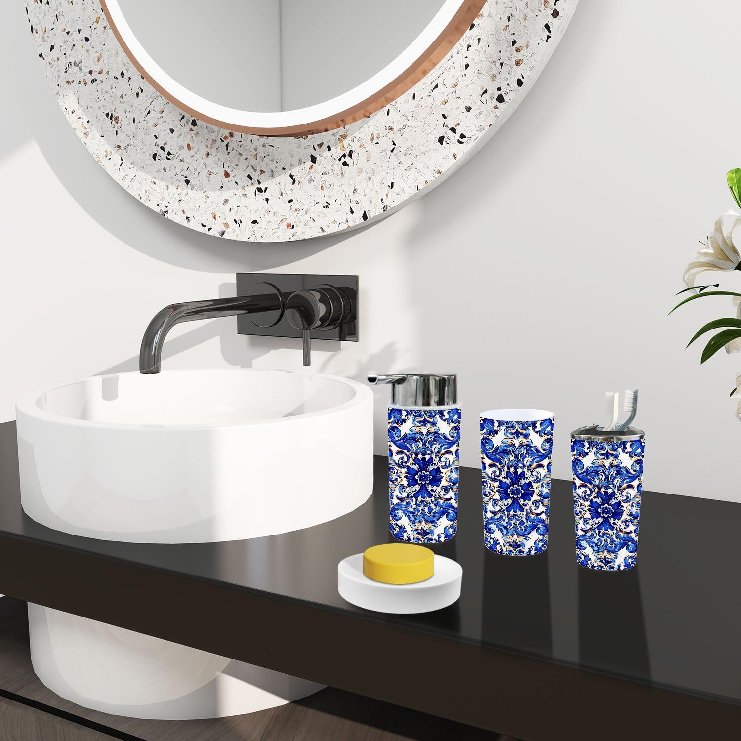 Boho Bathroom Accessory Set 6 Piece with Azulejo Design