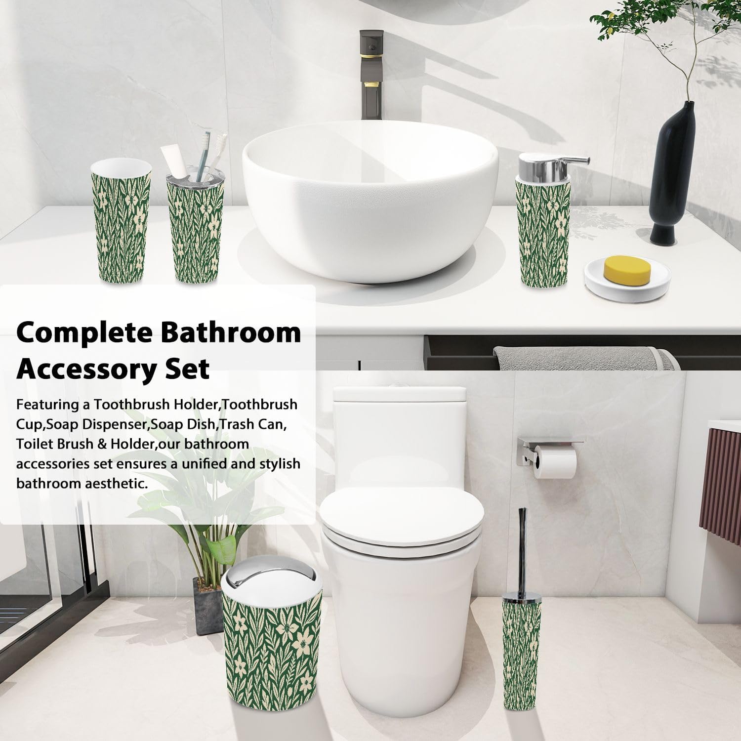 Boho Exotic Flowers Bathroom Accessory Set 6 Piece