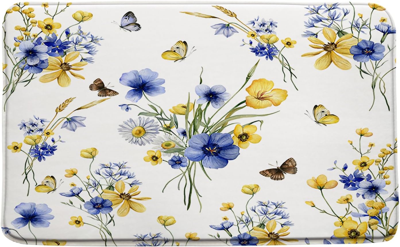 GCTNBJL Yellow Blue Flower Bath Mat Rustic