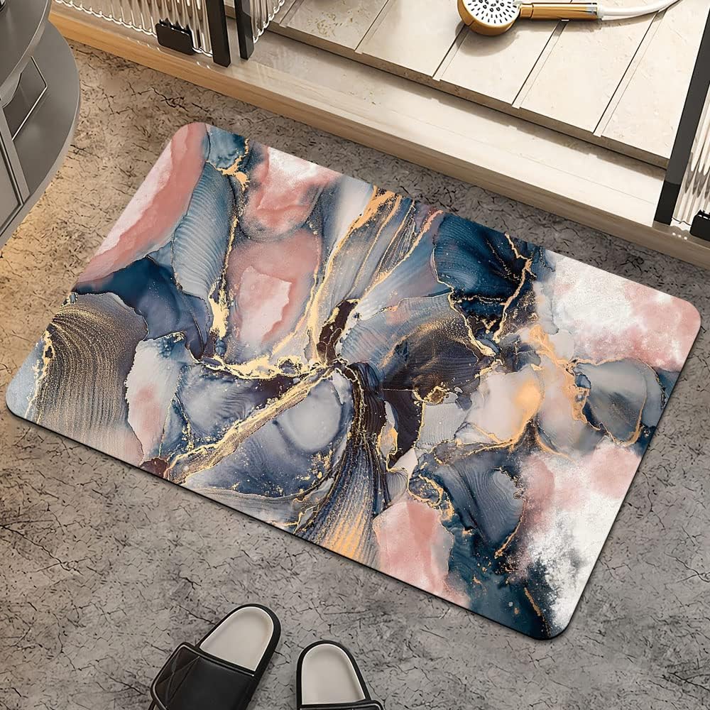 Pink Blue Gold Marble Bath Mat Rug 16x24 Non Slip Quick Dry