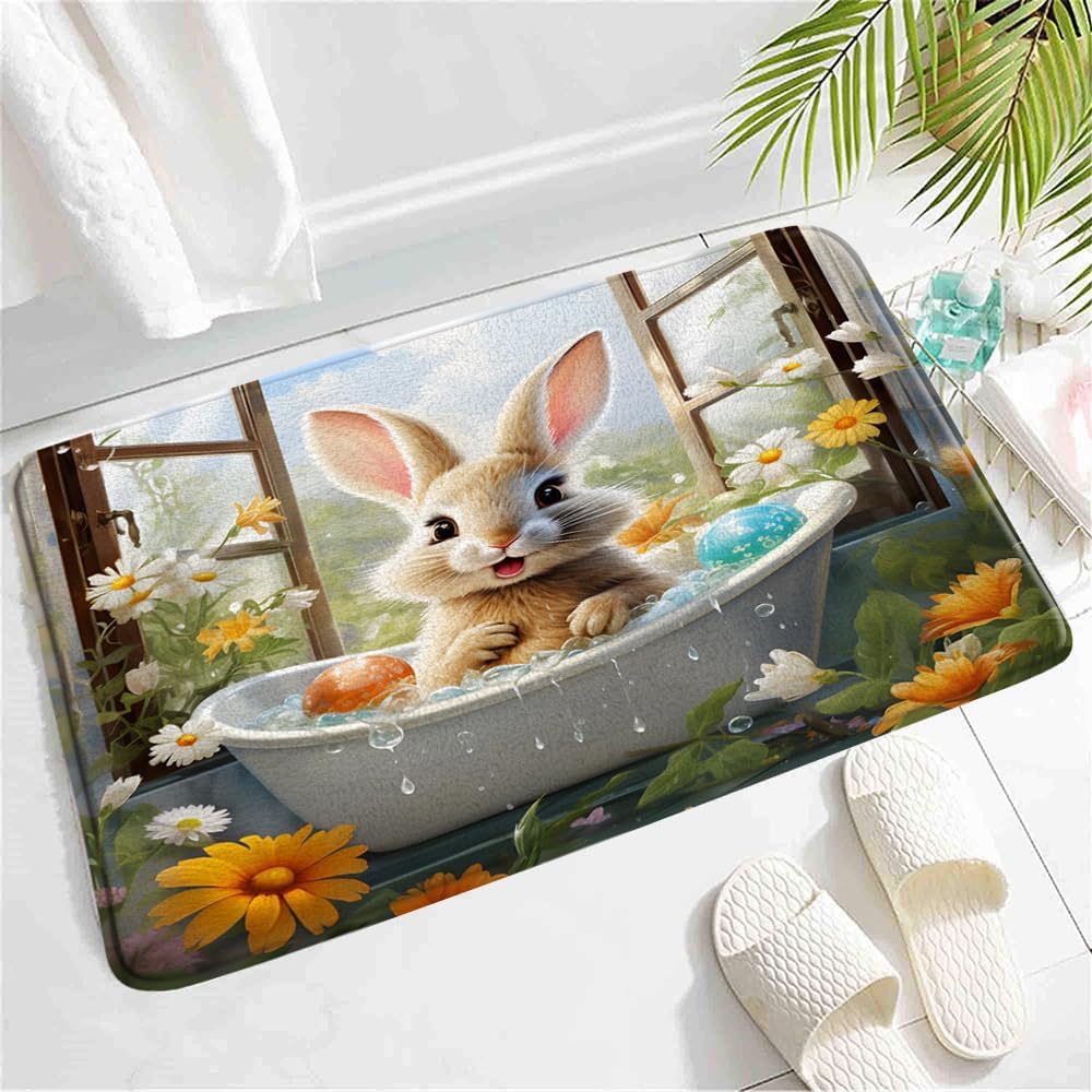 SATRTUD Easter Bunny Bath Mat - Cute Rabbit Egg Sunflower Daisy Design 24x16 Inch
