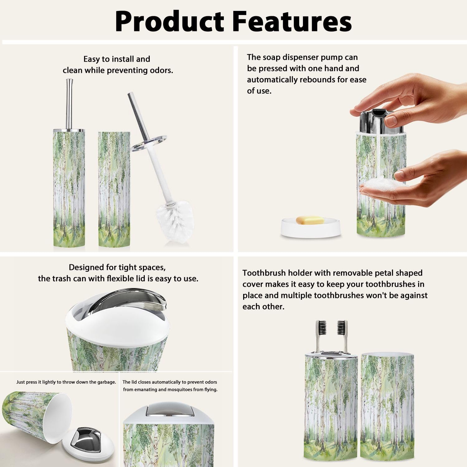 Boho Bathroom 6-Piece Trash Can Set for Kids and Home
