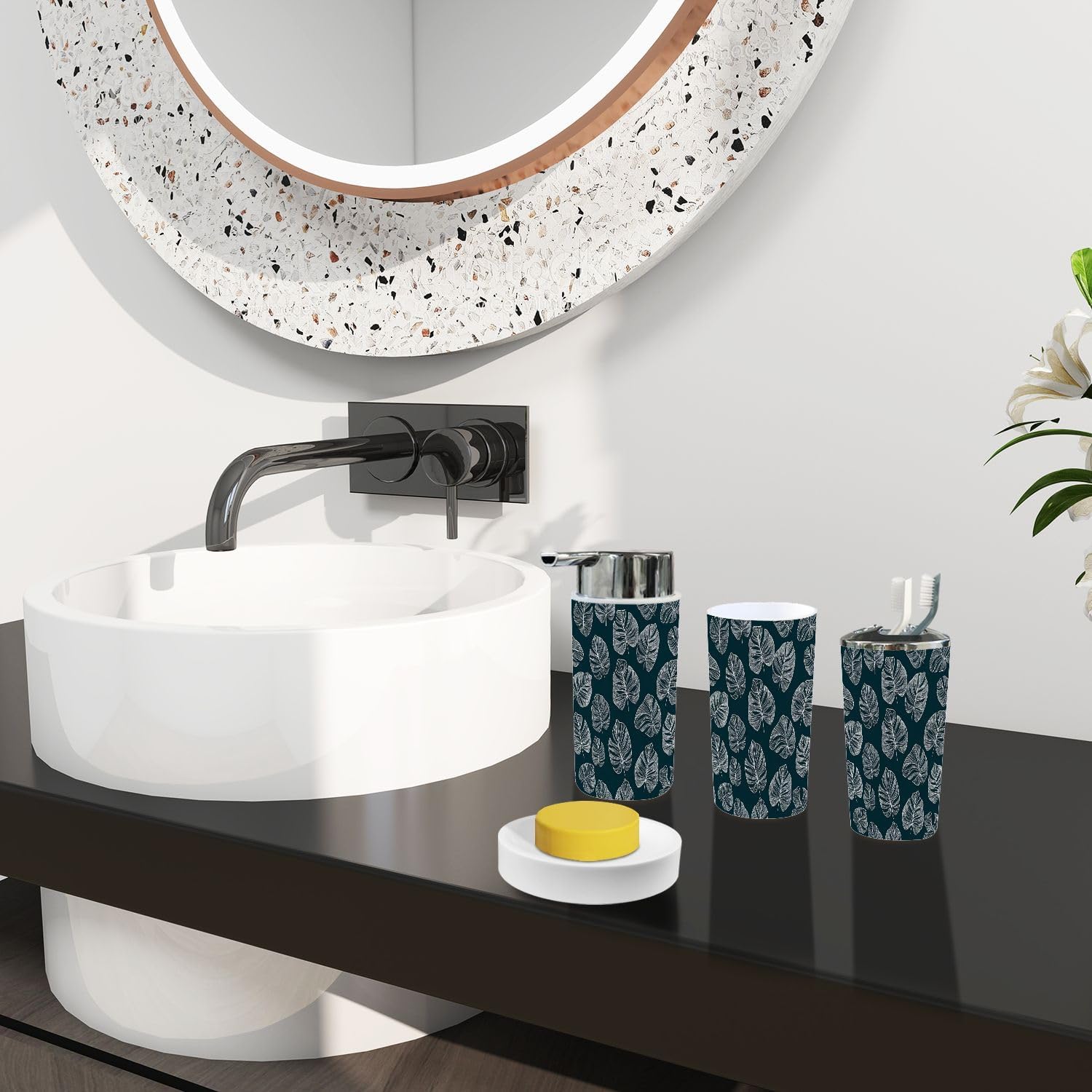 Boho White Monstera Leaf Bathroom Accessory Set 6 Piece