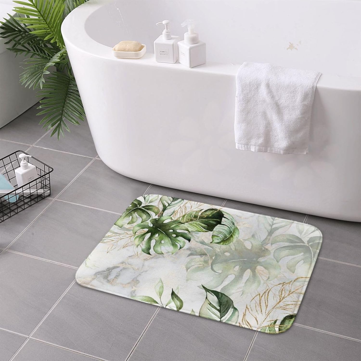 Waaqied Green Leaves Bath Mats for Kids Non-Slip 16x24 Inch