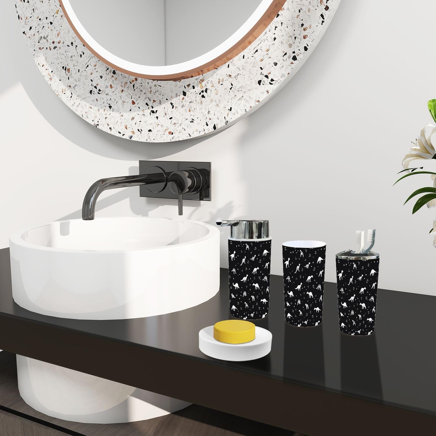 Bathroom Accessory Set 6 Piece Boho Dinosaur Trash Can Holder