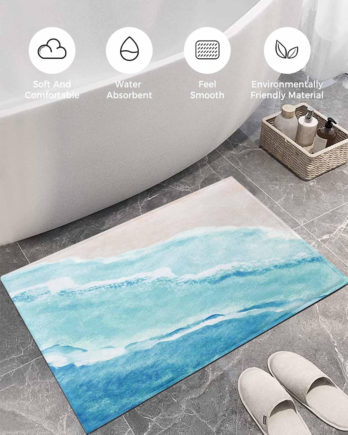 Summer Ocean Bath Rug - Blue Gradient Shaggy Non-Slip Floor Mat