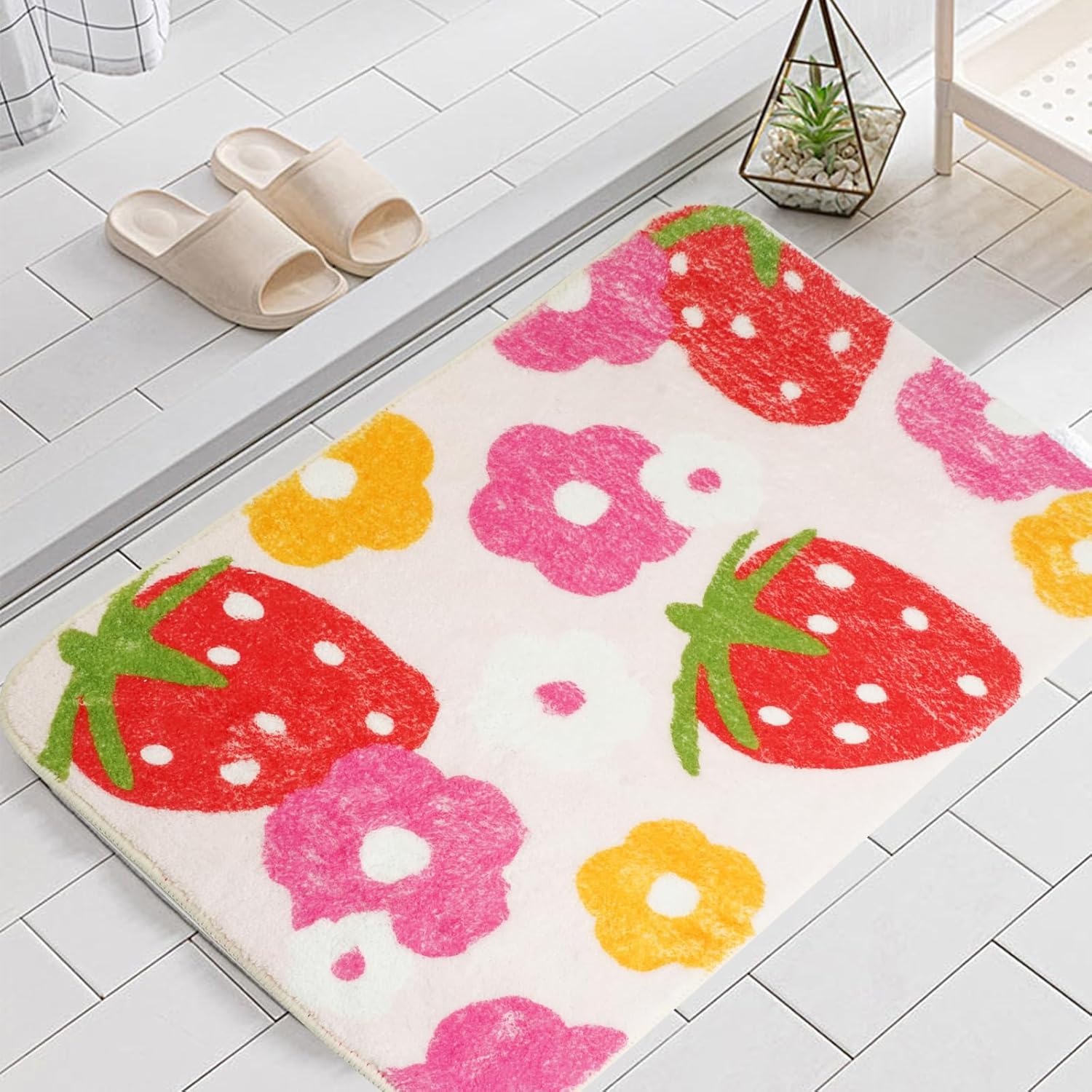 Cute Strawberry Flower Bath Mat Non-Slip Pink Bathroom Rug