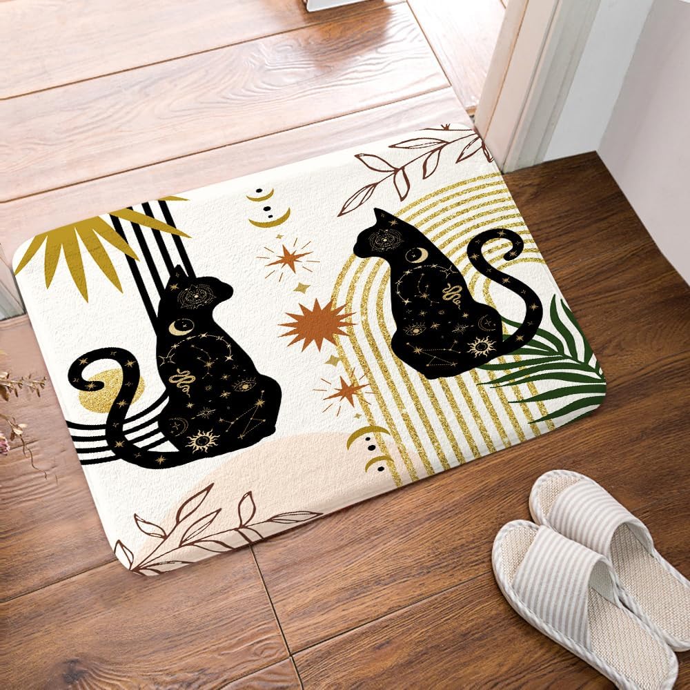 JAWO Boho Black Cat Bath Rug Non Slip 16x24