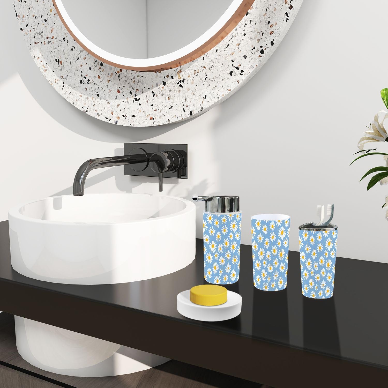 TRANQDEHOM 6-Piece Bathroom Accessory Set with Boho Daisy Flower Design