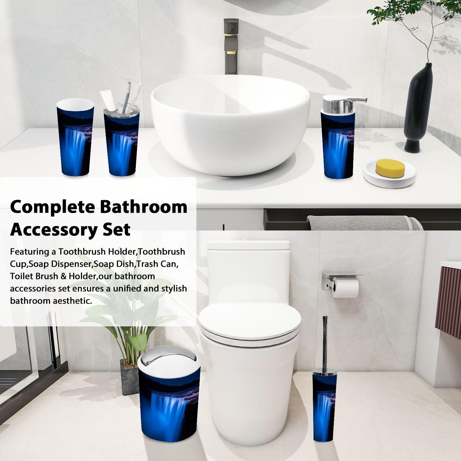 Boho Falls Bathroom Accessory Set 6 Piece Blue Light Rainbows