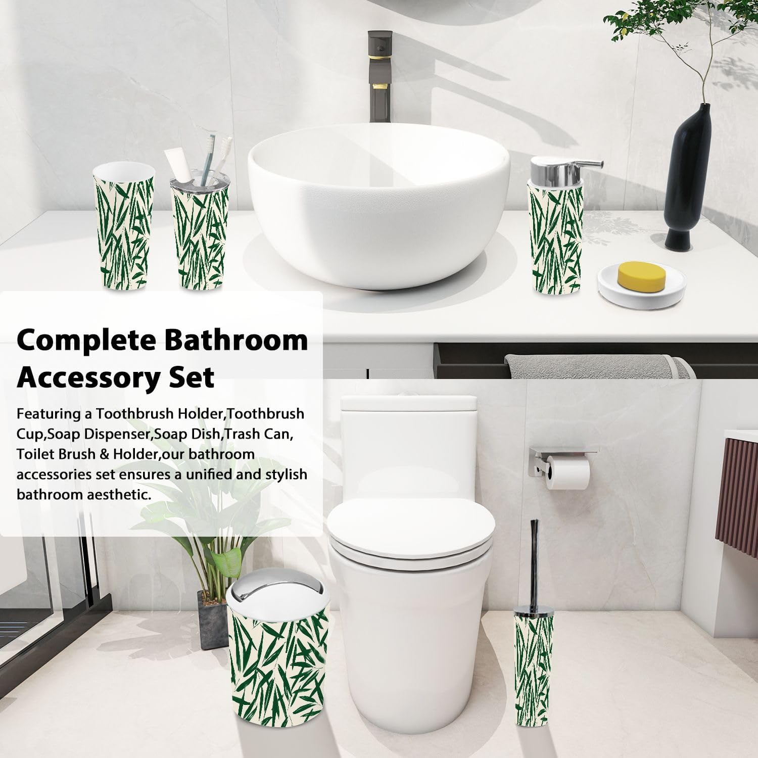 Boho Leaf Pattern Bathroom Accessory Set 6 Piece