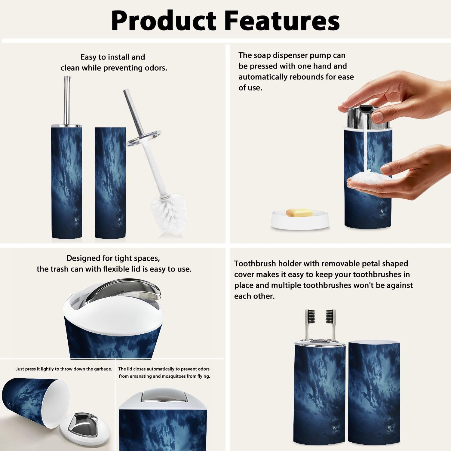 Boho Bathroom Accessory Set 6 Piece Black Blue Night Sky