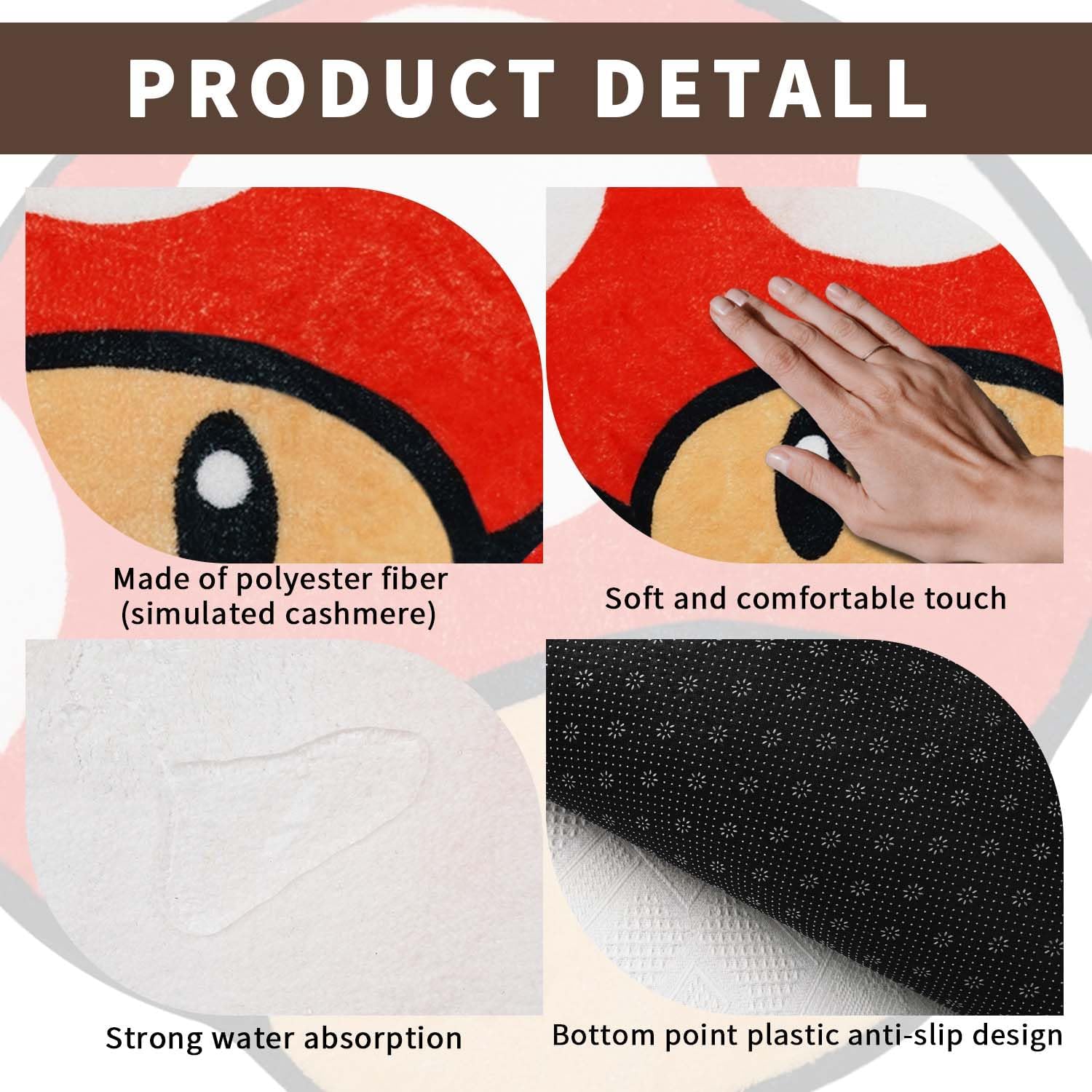 Faptoena Red Mushroom Bath Mat for Kids