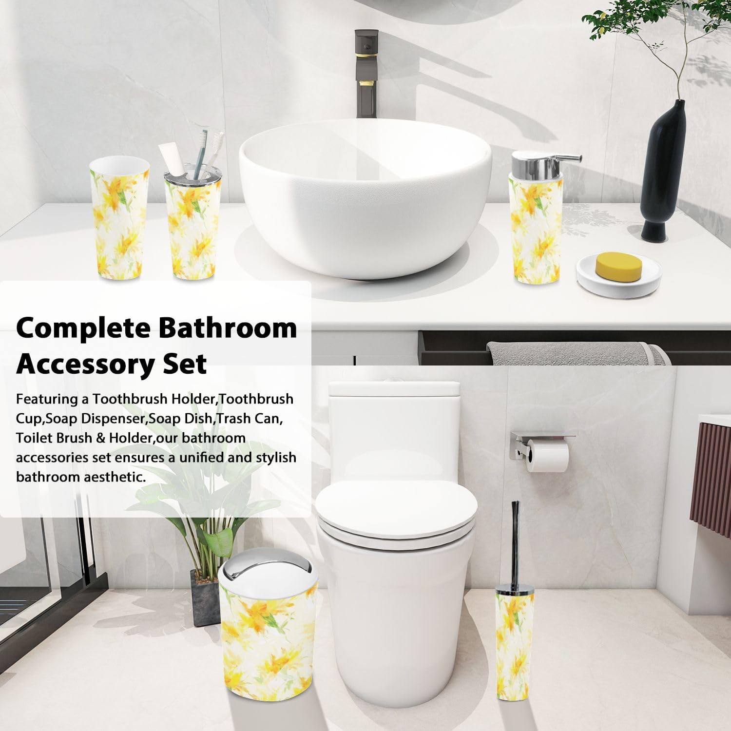 Boho Summer Sunflower Bathroom Accessory Set 6 Piece