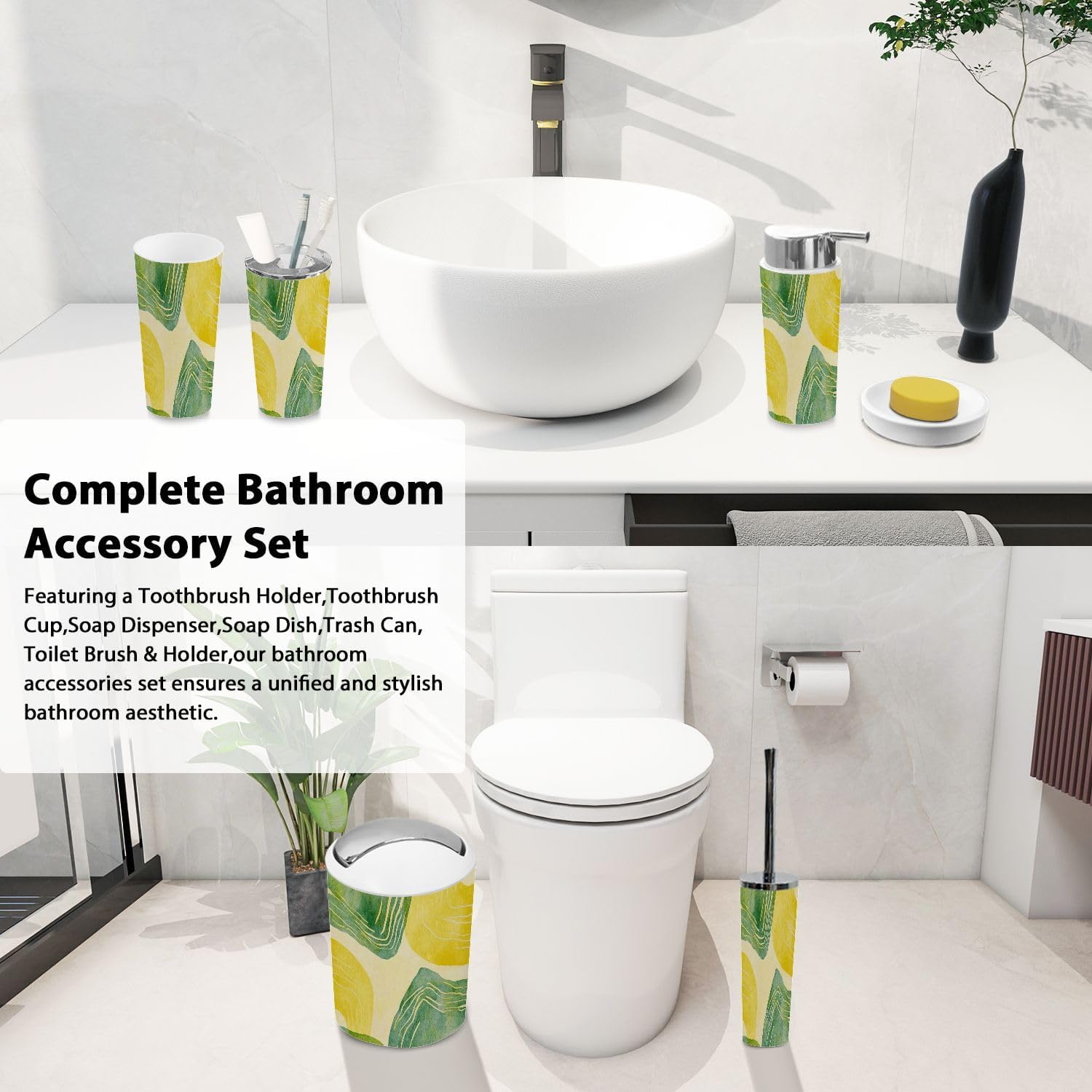 Boho Bathroom Accessory Set 6 Piece Modern Art Plastic