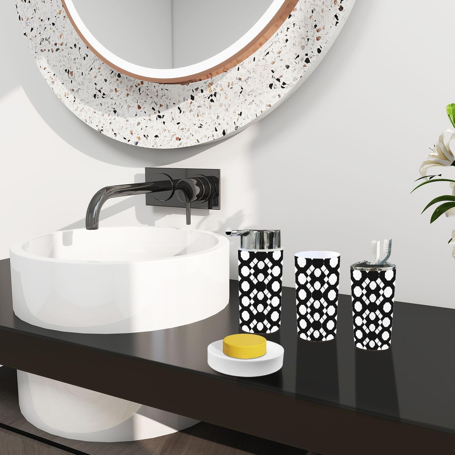 Boho Bathroom Accessory Set 6 Piece Black White Rhombuses 1