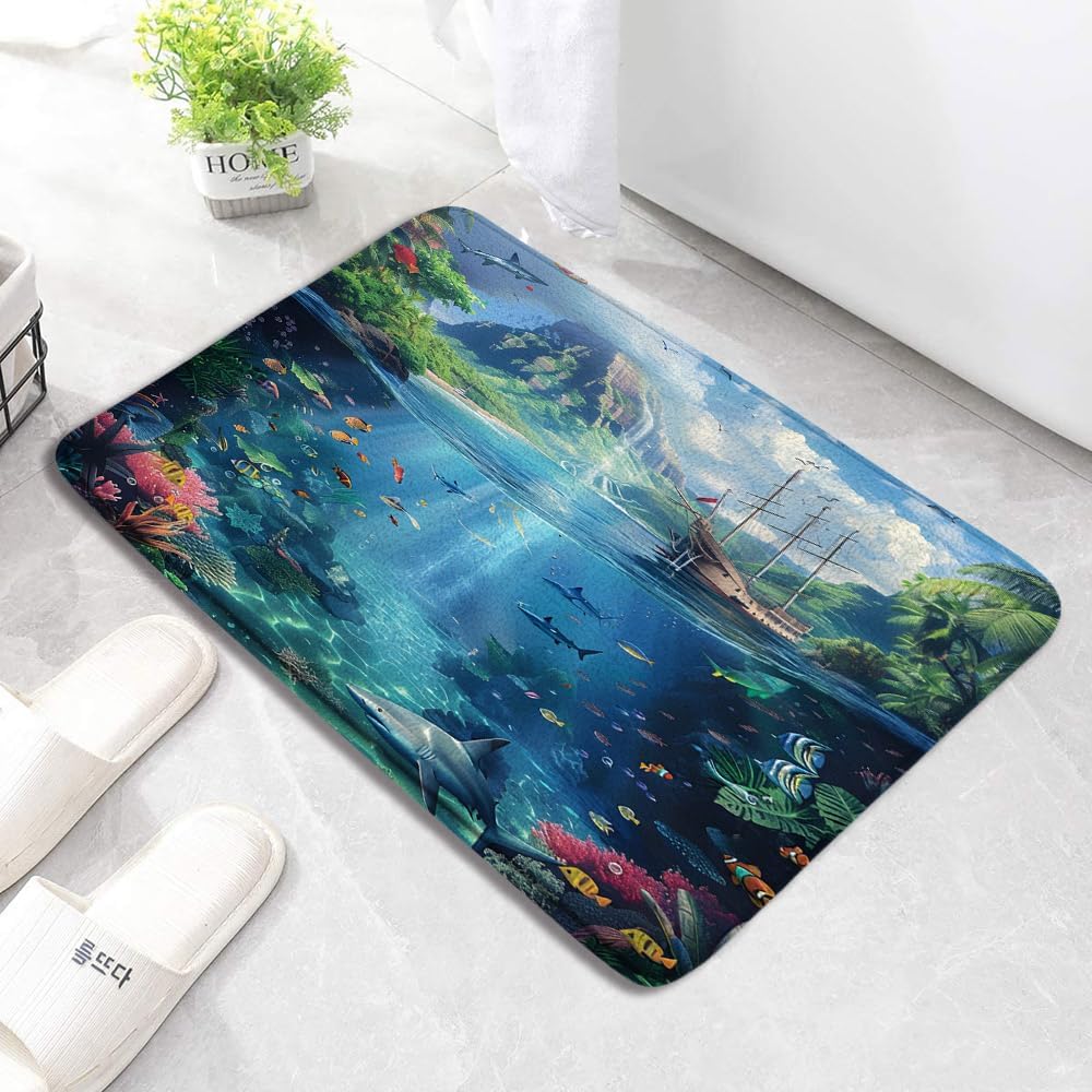 Ocean Coastal Bath Mat Tropical Fish Sailboat Seagull