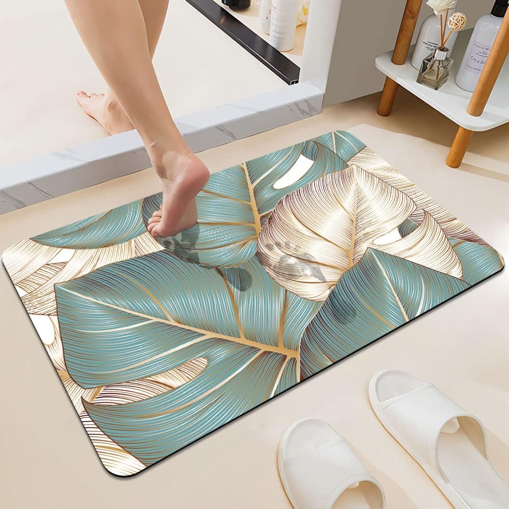 DJSOK Bath Mat Rug Floral with Golden Monstera Leaves