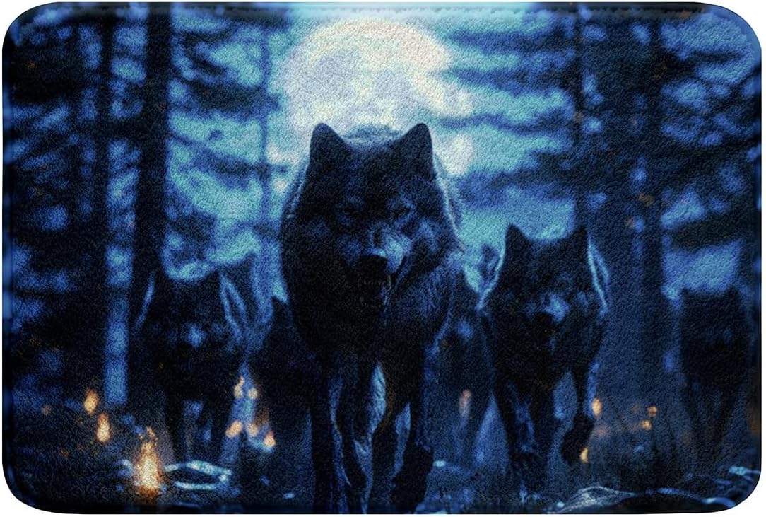 Feelyou Wolf Bathroom Rug 16x24 Animal Print Blue Bath Mat