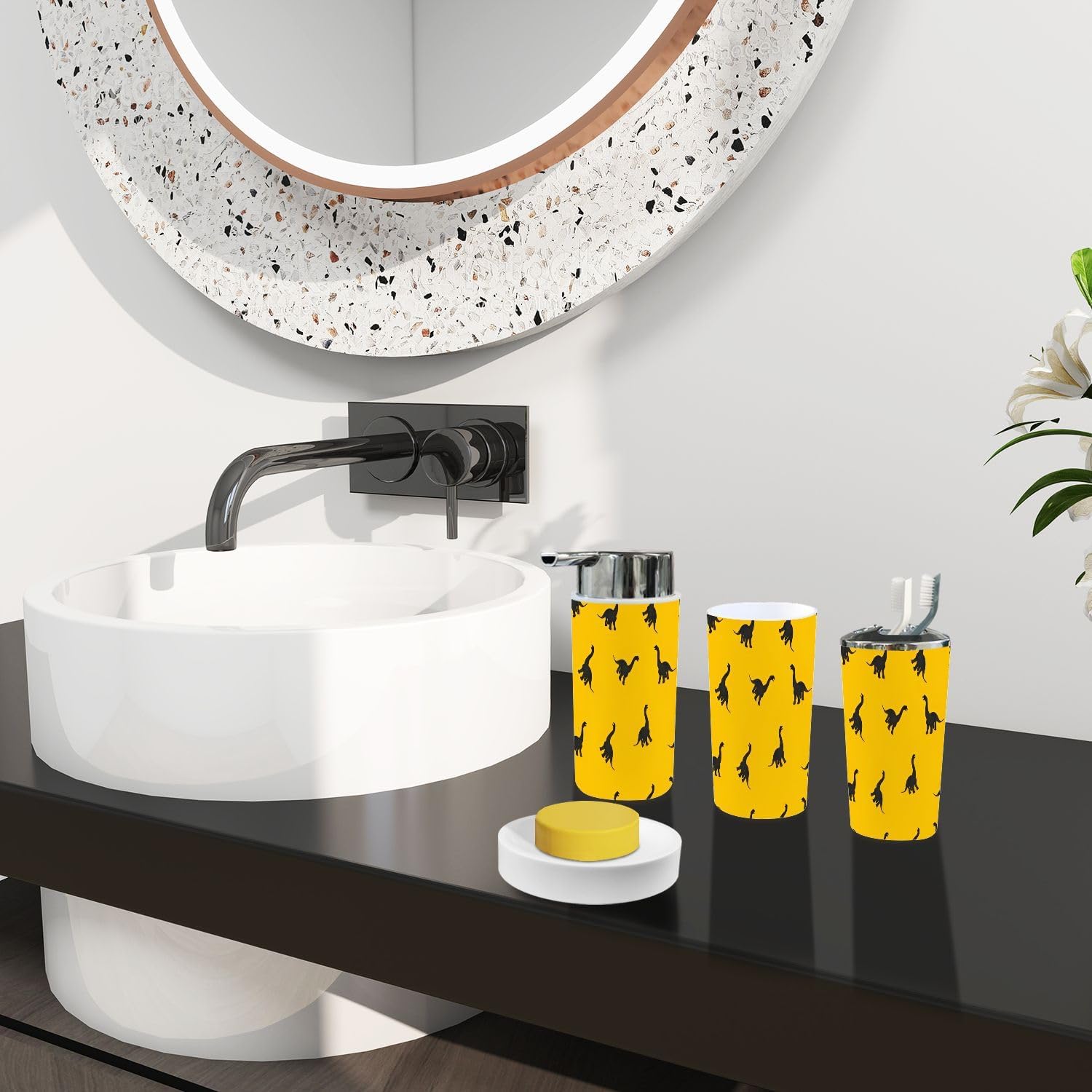 Boho Bathroom Accessory Set 6 Piece Black Dinosaur Yellow