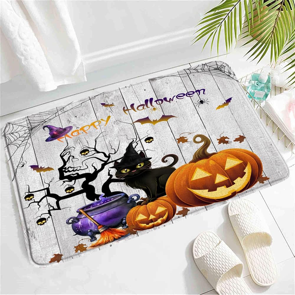 SATRTUD Farmhouse Halloween Bath Mat with Black Cat and Spider Web Design