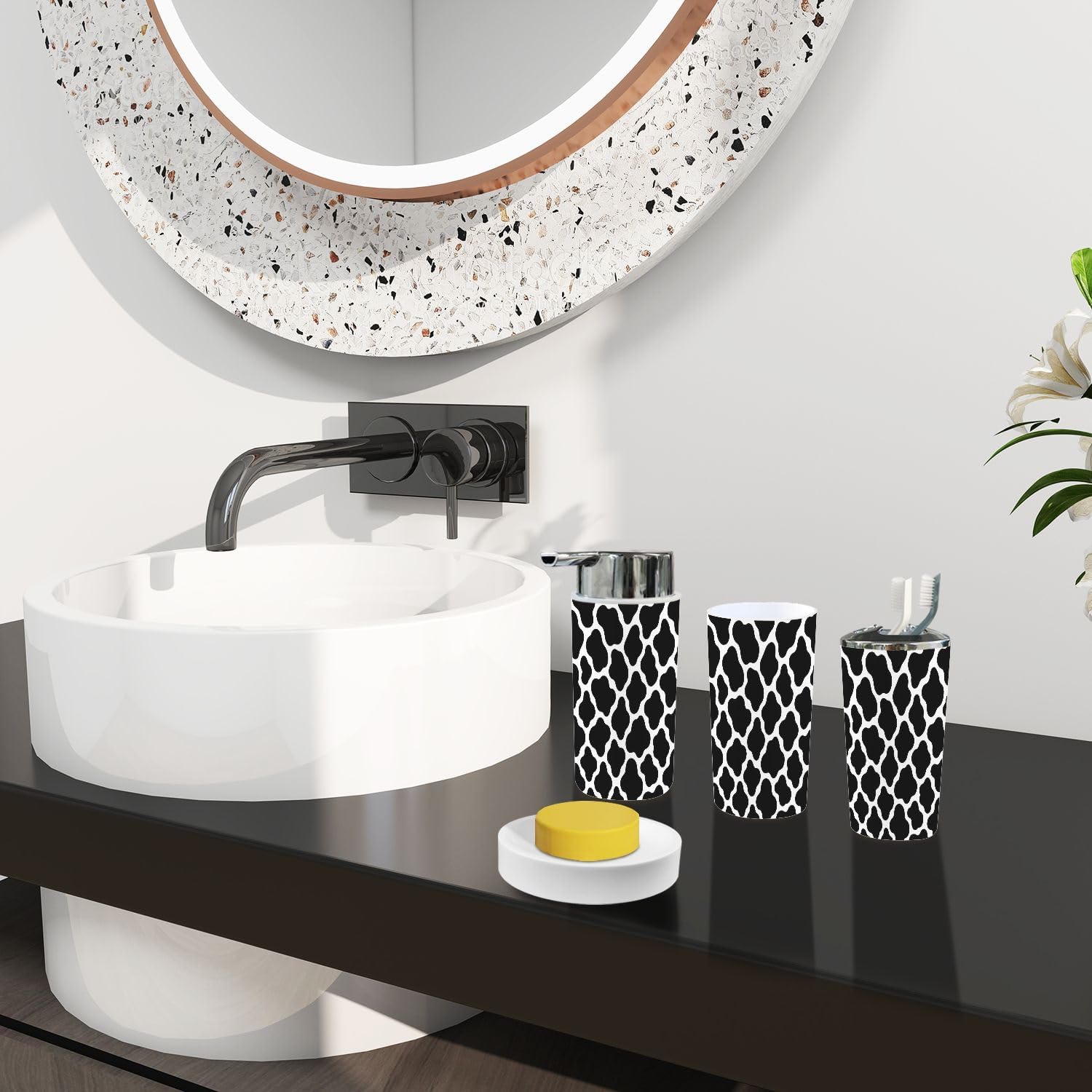 Boho Cow Bathroom Accessory Set 6 Piece Black