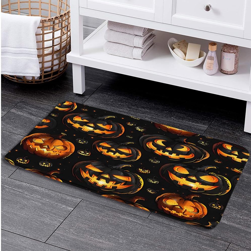 Spooky Halloween Bath Mat with Black Orange Ghosts