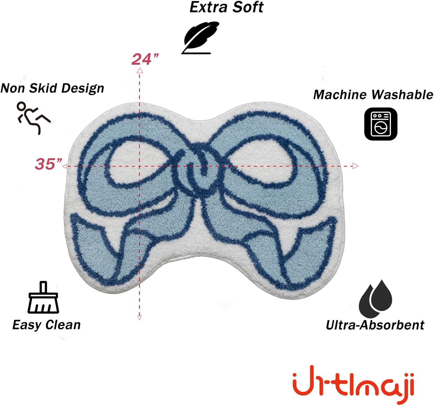 Urtlmaji Coquette Bow Rug 35x24 Blue Bath Mat
