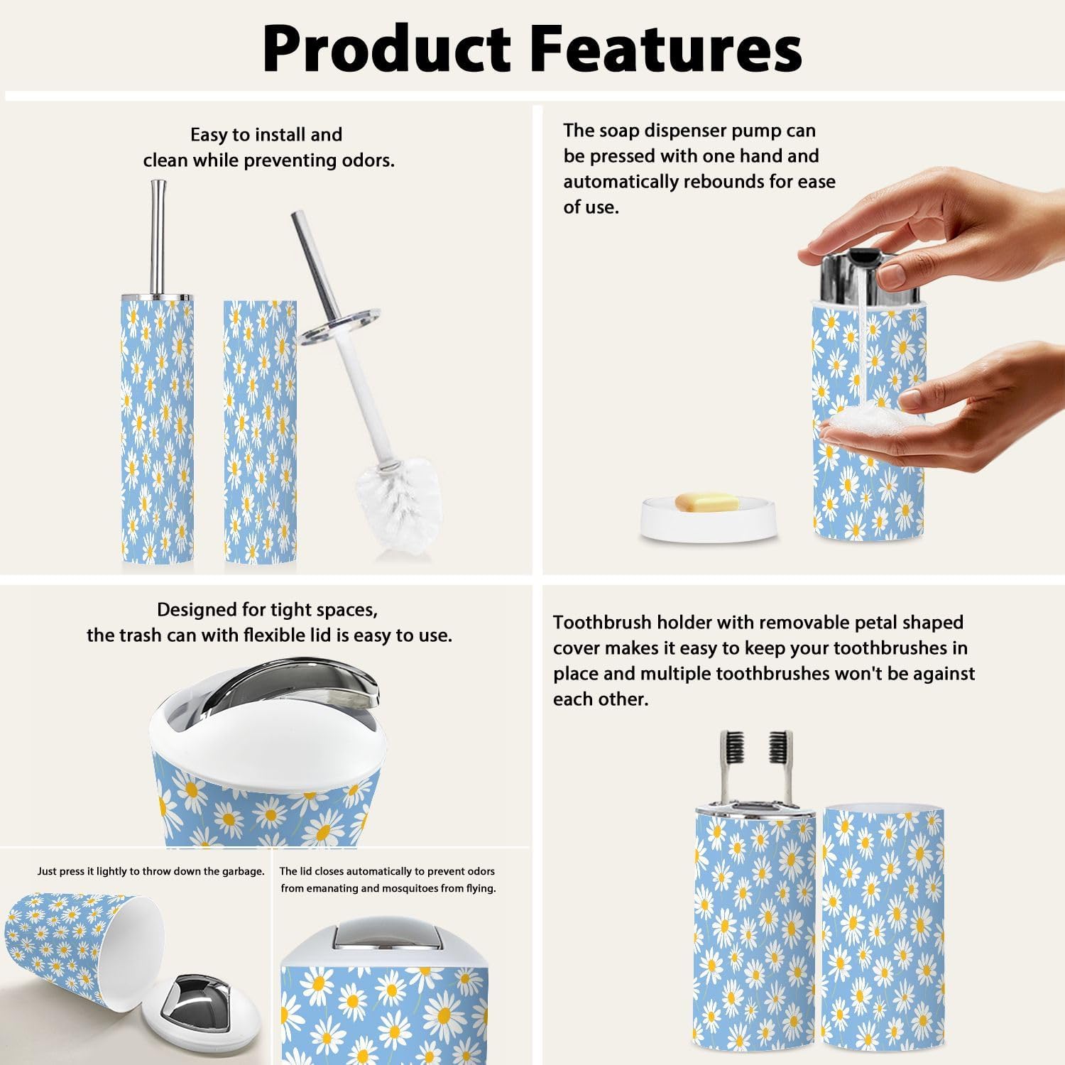TRANQDEHOM 6-Piece Bathroom Accessory Set with Boho Daisy Flower Design