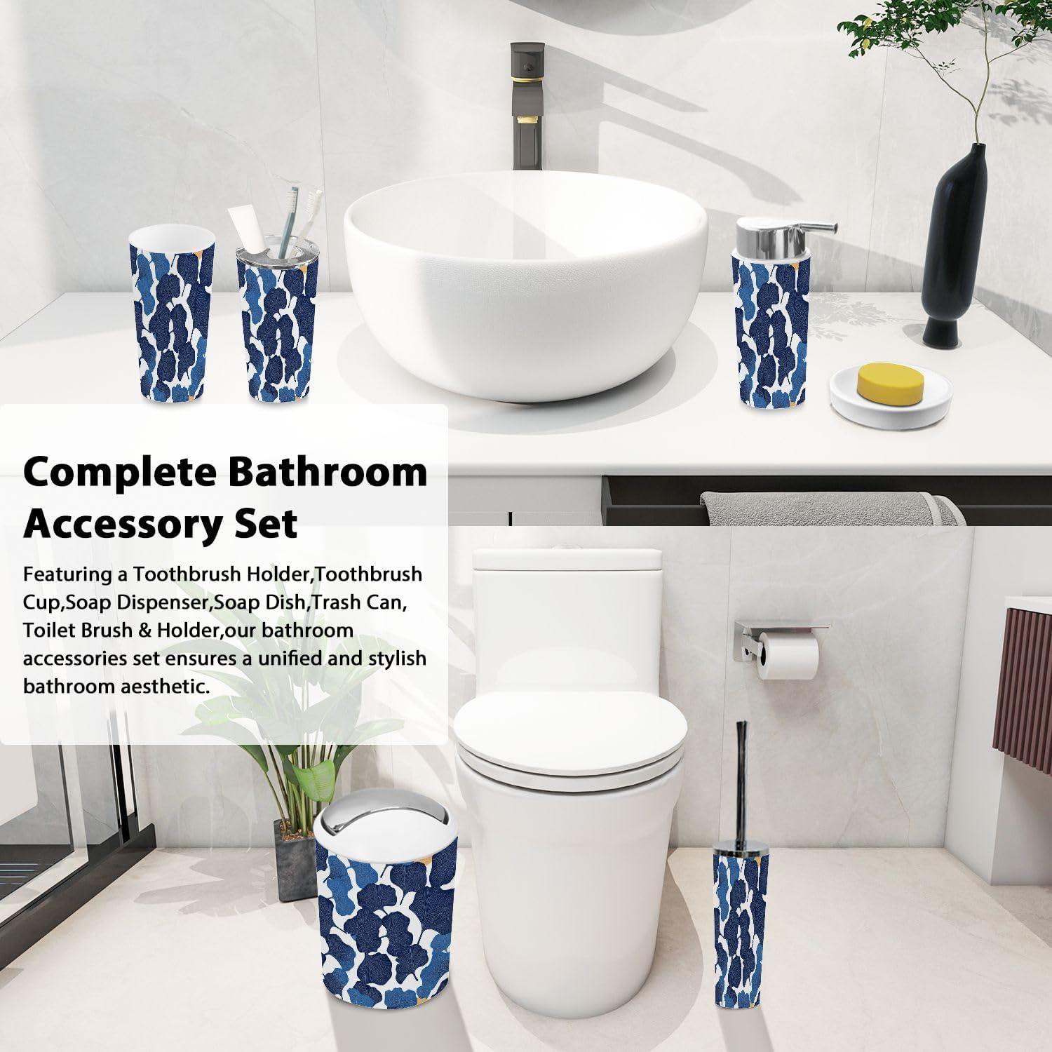Boho Ginkgo Leaf Bathroom Accessory Set 6 Piece