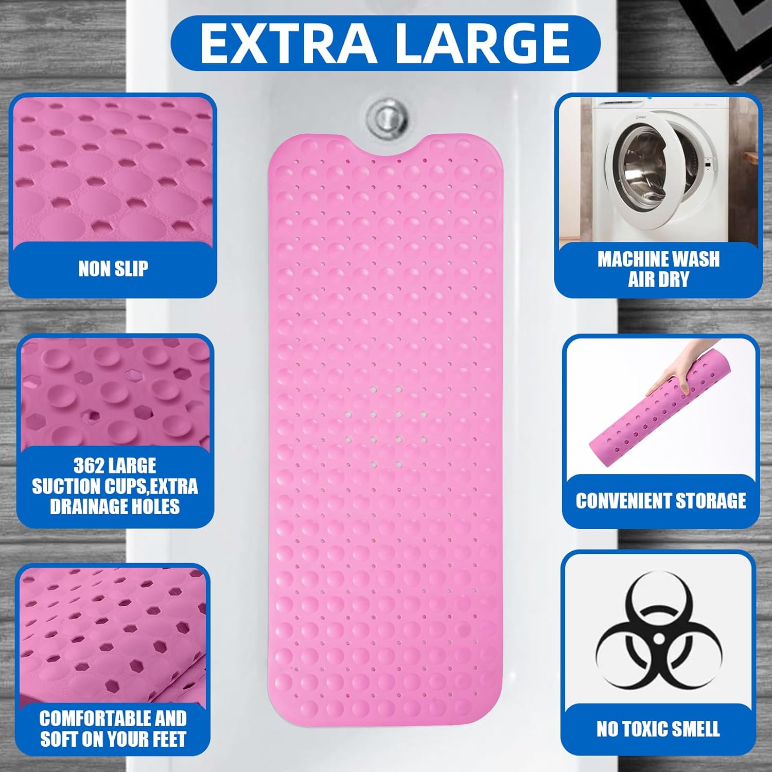 ZHICHENG Non-Slip Bath Mat 39x16 Inch with Suction Cups
